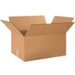 A large, brown MH-USA 20 x 14 x 10 double wall box with flaps is shown on a white backdrop. This sturdy, empty cardboard box is perfect for shipping and storage. It comes in a durable design and a bundle of 15 to meet all your packing needs.