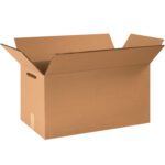 The MH-USA 20 x 18 x 12 double wall box, available in bundles of 10, features convenient cutout handles. Its open brown design with outward flaps highlights its sturdy texture and structure against a plain white background.