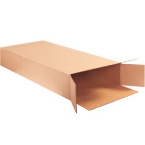 The opened MH-USA 20 x 8 x 50 side loading box from a 5-box bundle lies horizontally, showcasing its spacious interior against a white background.