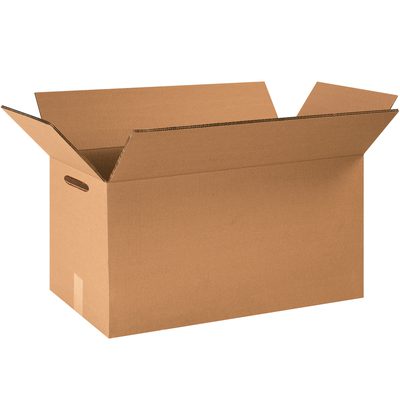 HD242012DWHH.jpg A large MH-USA 24 x 20 x 12 double wall box with extended flaps and side hand holes is empty against a white background, available in bundles of ten.