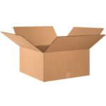An open brown cardboard box, resembling the MH-USA 24 x 24 x 10 Double Wall Boxes (10/Bundle), is displayed with its flaps open. Viewed at an angle, its interior and exterior are visible against a plain white background.