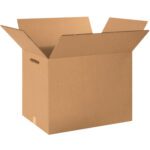 The MH-USA 24 x 24 x 12 Double Wall Box features hand holes on the sides and extended flaps. Crafted from sturdy brown corrugated cardboard, it comes in a convenient bundle of ten for your packing needs.