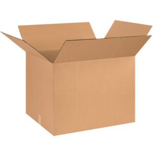An open MH-USA 26 x 20 x 20 Double Wall Box from a bundle of 10 is displayed on a white background with flaps up, showcasing its sturdy square shape and rich brown color from a slight angle, emphasizing its durability.