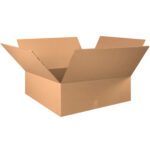 An open MH-USA 30 x 30 x 12 Double Wall Box (5/Bundle) sits empty against a white backdrop. Its outward flaps and robust corrugated brown material showcase its sturdy texture, perfect for packaging needs.