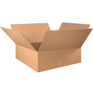 An open MH-USA 30 x 30 x 12 Double Wall Box (5/Bundle) sits empty against a white backdrop. Its outward flaps and robust corrugated brown material showcase its sturdy texture, perfect for packaging needs.