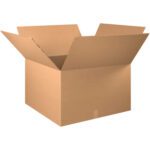 The open, empty MH-USA 30 x 30 x 20 double wall box has flaps extended outward, showcasing a spacious interior. Made from brown corrugated paper, it features a classic rectangular design typical of MH-USA bundles.
