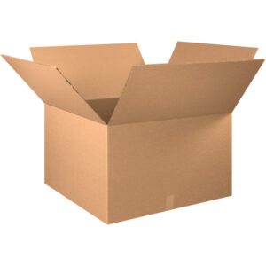 The open, empty MH-USA 30 x 30 x 20 double wall box has flaps extended outward, showcasing a spacious interior. Made from brown corrugated paper, it features a classic rectangular design typical of MH-USA bundles.