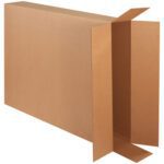 A large MH-USA 40 x 8 x 50 side loading box with flaps extended displays its depth and height from an angle. The empty interior highlights the natural brown cardboard hue, offered in a bundle of five.