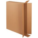 A large, empty MH-USA 44 x 6 x 35 side loading box with extended flaps stands upright, showcasing its corrugated texture. Photographed at a slight angle, the image highlights the dimensions of these boxes sold in bundles of ten.
.
