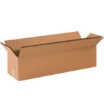 A long, open MH-USA 48 x 12 x 12 double wall box with slightly bent flaps is on a white background. Sold in bundles of ten, these sturdy boxes are ideal for packaging or storage. This empty box is ready for your needs.
