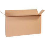 An upright MH-USA 54 x 8 x 28 side loading box with flaps unfolded is displayed on a white background. The empty box is made of brown corrugated cardboard and comes as part of a five-piece bundle.