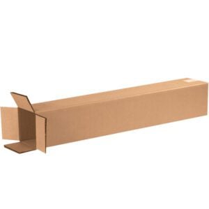 A plain light brown MH-USA 6 x 6 x 36 double wall cardboard box is shown on a white background, with one end open and flaps extended. These narrow boxes come in convenient bundles of 15 for added durability.