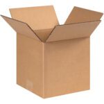 An MH-USA 9 x 9 x 9 heavy-duty cardboard box with extended flaps sits empty against a plain white backdrop, emphasizing its sturdy construction. Sold in bundles of 25.