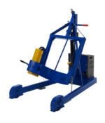 The blue hydraulic log splitter, featuring black and yellow accents like the Vestil Hyd Drum Carrier/Rotator/Boom Ac 59.9 In, has a strong metal frame, an easy-to-use lever for smooth operation, and sturdy feet for excellent stability.