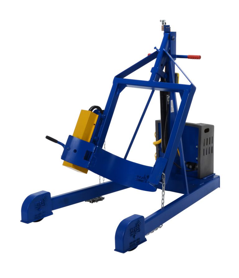 The blue hydraulic log splitter, featuring black and yellow accents like the Vestil Hyd Drum Carrier/Rotator/Boom Ac 59.9 In, has a strong metal frame, an easy-to-use lever for smooth operation, and sturdy feet for excellent stability.