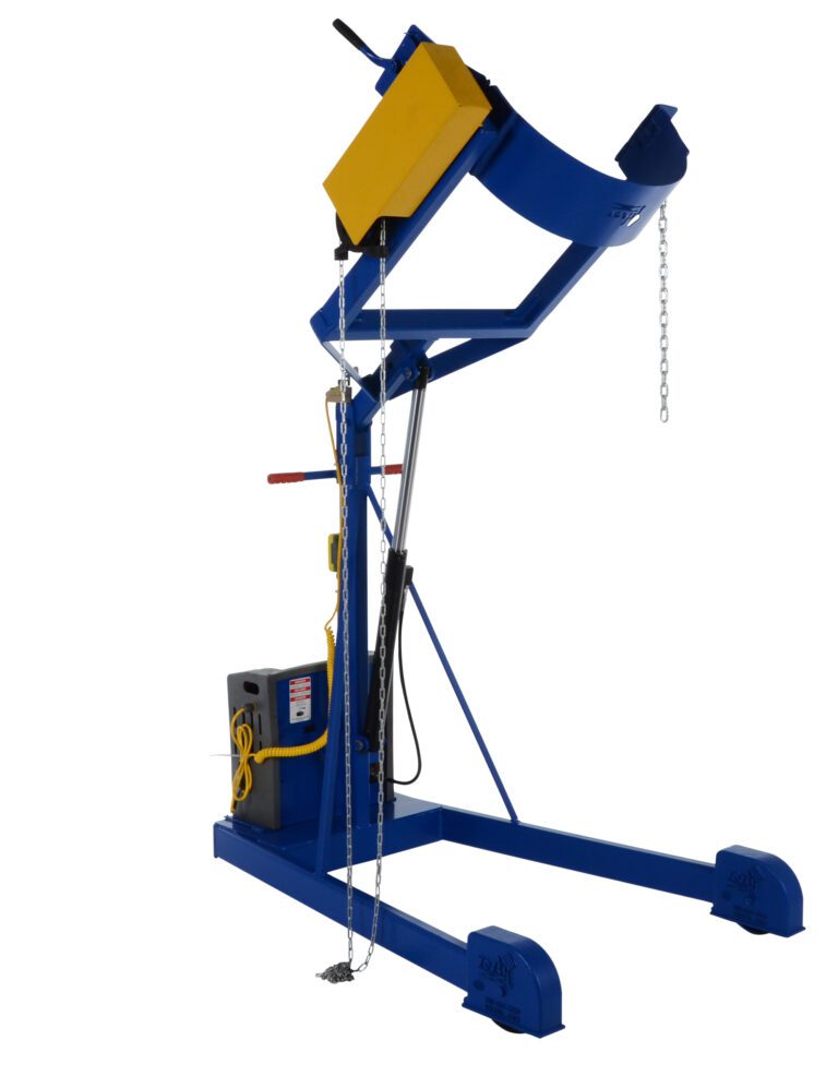 HDC-305-72-DC_A.jpg The blue and yellow Vestil Hyd Drum Carrier/Rotator/Boom Dc 71.2 In is an industrial drum lifter with a chain and lever for holding and tilting large barrels, featuring a sturdy base and hydraulic components for reliable lifting and tilting.