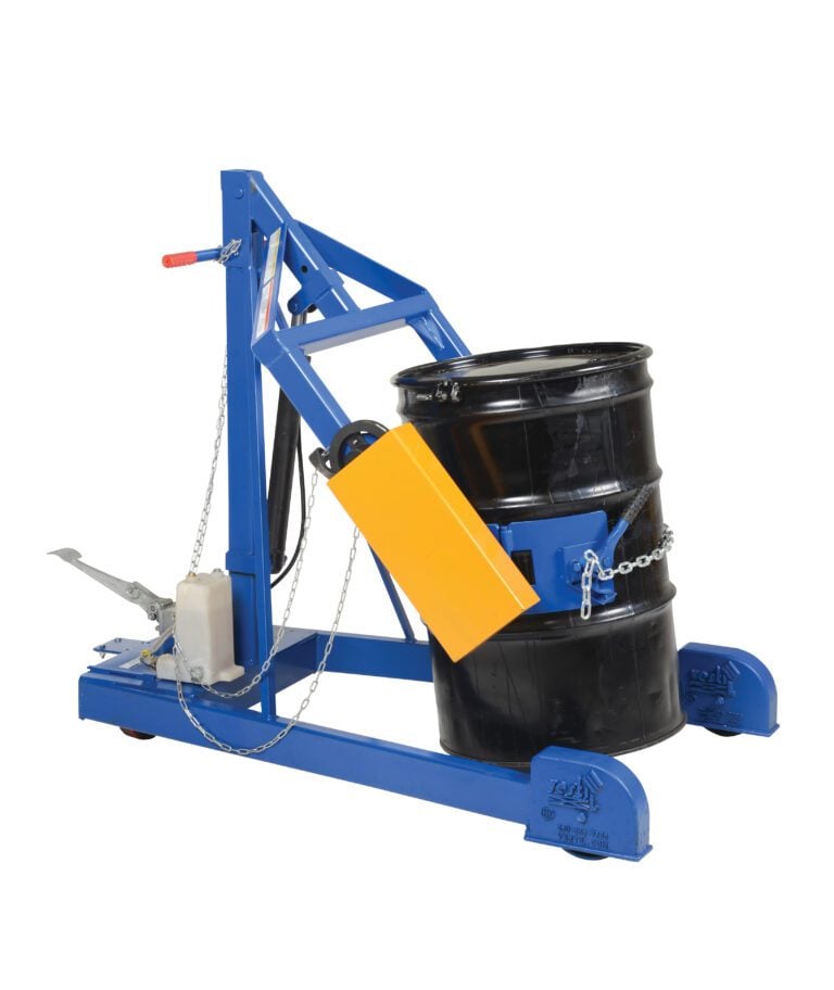 HDC-305-72_A.jpg The Vestil Hyd Drum Carrier/Rotator/Boom 71.2 In features a blue steel frame, red-handled lever, and black barrel holder. Equipped with chains, a yellow guard, and wheels, it efficiently tilts and transports drums.
