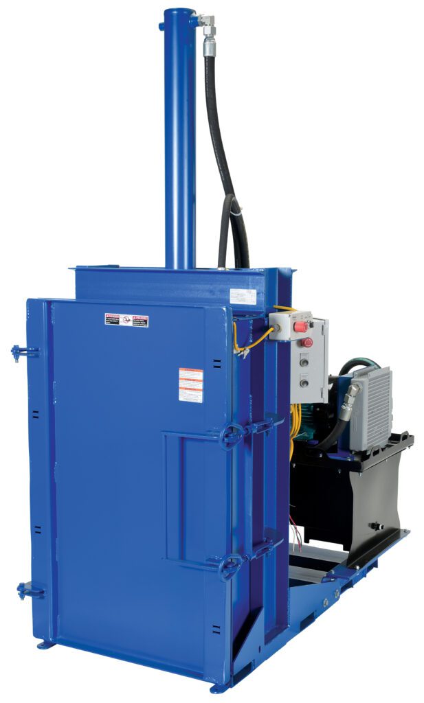 Introducing the blue Vestil Crusher/Compactor 208V High Cycle Pkg, an efficient industrial hydraulic baler with a vertical cylinder and side-mounted control panel for waste recycling. Safety features include warning labels and electrical components.