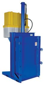 Meet the Vestil Crusher/Compactor 230V in blue, featuring a yellow and gray top, with a vertical hydraulic cylinder. Its closed front door has two latch handles for efficient material compaction in industrial environments.