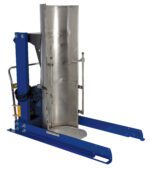 The Vestil Stationary Hyd Drum Dumper Ssc 1K 36 In is a blue and silver industrial metal drum lifter with a cylindrical grip and lever mechanism for handling large drums. Mounted on a sturdy blue frame with forks, it ensures stability and efficiency in moving heavy loads.