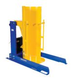 The Vestil Stationary Hyd Drum Dumper 1K 36 In, in yellow and blue, is designed for lifting and rotating large barrels with its cylindrical form. It features metal arms for stability and a secure clamp, ideal for industrial or warehouse applications.
