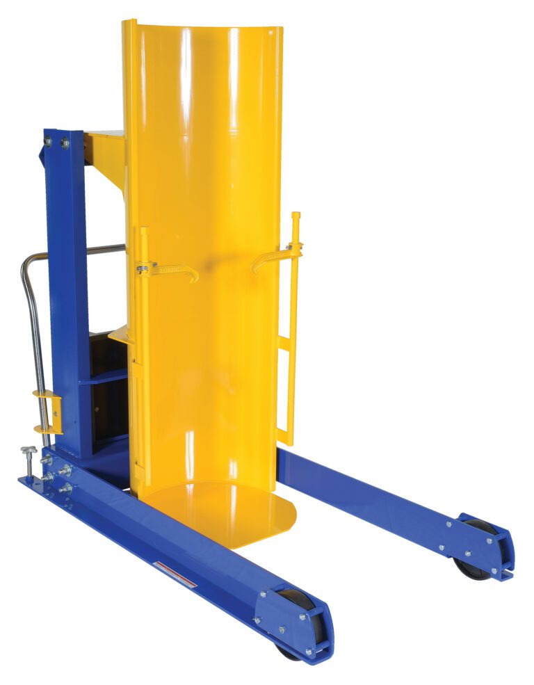 HDD-36-15-P_A.jpg The Vestil Portable Hyd Drum Dumper 1.5K 36 In facilitates the lifting and moving of heavy drums, featuring a sturdy blue frame, yellow cylindrical grip, and four wheels for mobility.
