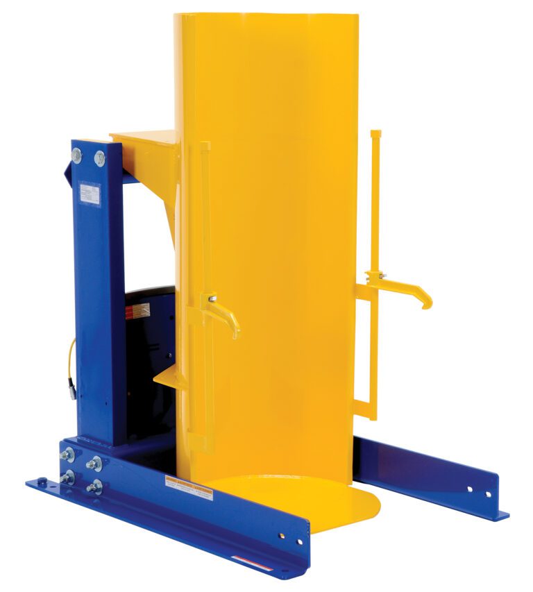 HDD-36-15-S_A.jpg The Vestil Stationary Hyd Drum Dumper 1.5K 36 In is designed in blue and yellow, featuring a vertical cylindrical holder with safety handles for secure drum lifting and tilting, supported by a sturdy metal frame and base for handling heavy materials safely.