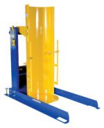 The Vestil Stationary Hyd Drum Dumper 0.75K 36 In, with a blue and yellow industrial look, features a vertical panel and forklift-like base for warehouses or factories. Its designed to lift and rotate drums securely with its sturdy metal frame and safety latch.