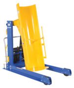 The Vestil Portable Hyd Drum Dumper 1K 48 In is a yellow and blue industrial drum handler with a cylindrical cradle, sturdy wheeled frame, handles, and hydraulic components for easy mobility and operation.