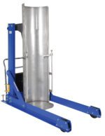 The Vestil Portable Hyd Drum Dumper SSC 1.5K 48 In is a blue device for lifting and transporting large drums, featuring a sturdy metal frame for stability and wheels at the base for easy mobility.