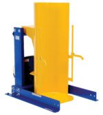 The Vestil Stationary Hyd Drum Dumper 1.5K 48 In is a vertical industrial drum lifter in yellow and blue, featuring adjustable handles and a robust base for stability, perfect for lifting and positioning large barrels in industrial settings.