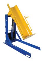 The Vestil Stationary Hyd Drum Dumper 0.75K 60 In is a yellow hydraulic dump hopper with a blue metal frame, tilted to show its loading position. Equipped with safety rails and a handle, its ideal for material handling and waste disposal.