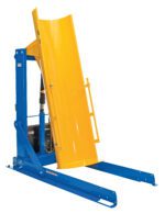 Meet the Vestil Stationary Hyd Drum Dumper 1K 72 In, a blue and yellow industrial tool with hydraulic components, ideal for handling drum loads. Featuring a large yellow clamping plate and blue base, its perfect for use in warehouses or manufacturing settings.