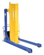 The Vestil Portable Hyd Drum Dumper 1.5K 72 In is a blue and yellow industrial lifter with a tall, curved shield and a wheeled base, designed to efficiently lift heavy objects.