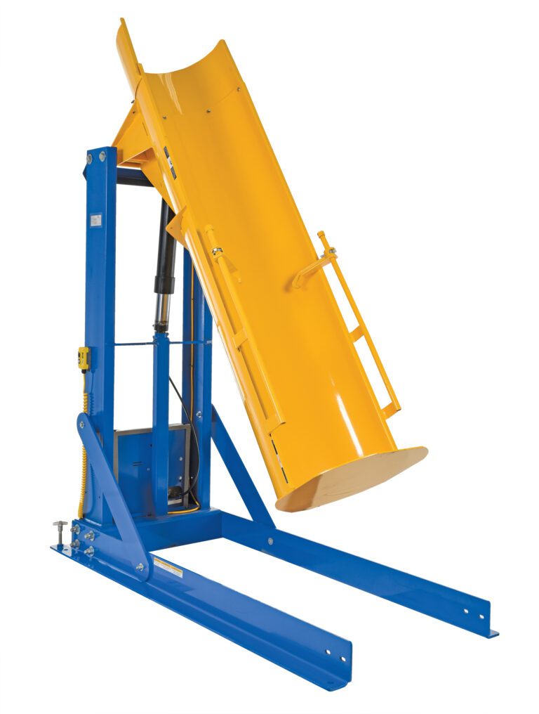 The Vestil Stationary Hyd Drum Dumper 0.75K 72 In is a sturdy yellow and blue hydraulic metal tilting machine with a curved platform to lift and tilt cylindrical objects, featuring support arms and visible bolts for stability.