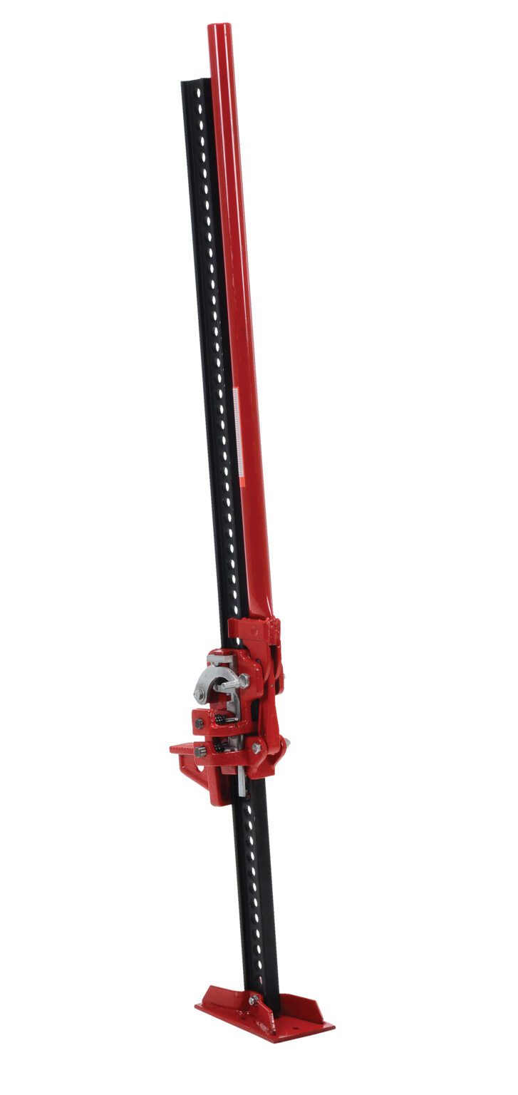 The Vestil Heavy Duty Ratchet Farm Jack 7K 48.12 boasts a tall red and black design, a perforated metal beam for tough lifting tasks, a wide base for stability, and a sturdy handle for secure use.