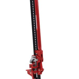 The Vestil Heavy Duty Ratchet Farm Jack 7K 48.12 boasts a tall red and black design, a perforated metal beam for tough lifting tasks, a wide base for stability, and a sturdy handle for secure use.