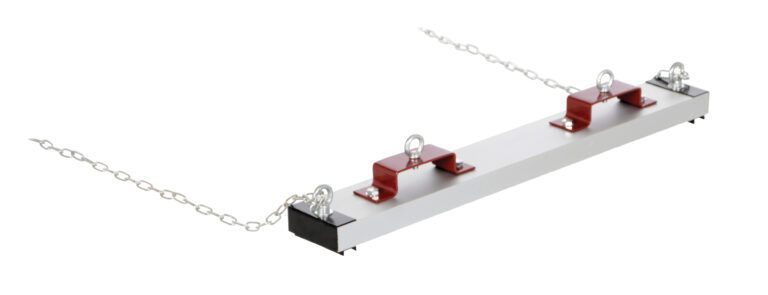 A long, rectangular metal bar with three red brackets and rings on top is attached to chains on both ends, suggesting suspension capability, similar to the Vestil Heavy Duty Magnet Sweeper Forklift 36 In used in warehouse settings.