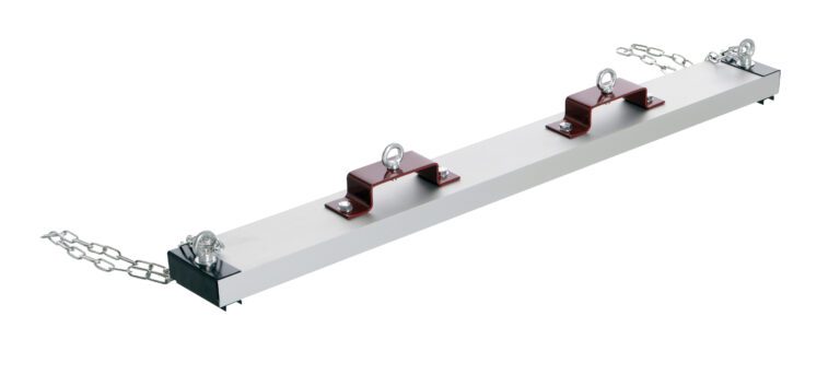 HDFMS-48_A.jpg A metal beam, like the Vestil Heavy Duty Magnet Sweeper Forklift 48 In, includes three red brackets with eye bolts on top. Chains connect each end of the beam, arranged diagonally against a white background.