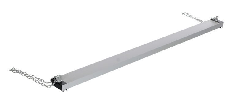 HDMS-72_A.jpg The Vestil Heavy-Duty Magnetic Hanging Sweeper 72In is a long, shiny, metallic bar suspended horizontally with two small chains on each end for hanging. The background is plain white.