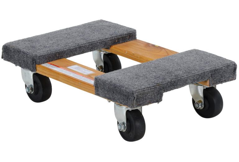 The Vestil Carpet End Hardwood Dolly 0.9Klb 12 X 18 features two padded platforms and four black swivel casters, allowing seamless movement of up to 0.9Klb. The gray carpet-like covering on the wooden platforms provides ease and protection during transport.