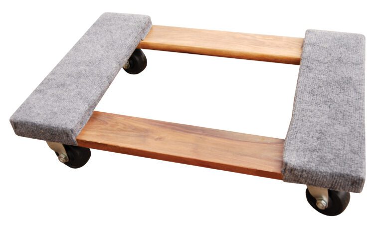 The Vestil Carpet End Hardwood Dolly 0.9Klb 16 x 24 has four black wheels, two gray-carpeted platforms, and a light brown wood design, combining durability with functionality for gentle transport.