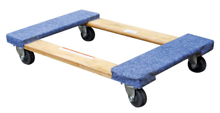 The Vestil Carpet End Hardwood Dolly, able to handle up to 0.9Klb, features two padded carpeted strips for protection and four swivel caster wheels for easy movement; it measures 18 X 30 and is displayed on a white background.