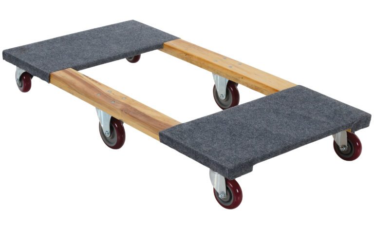 The Vestil Carpet End Hardwood Dolly 1.2Klb 24 X 48 features a rectangular wooden design with four red swivel wheels and two padded grey sections, perfect for carrying heavy items up to 1,200 lbs and measuring 24 x 48 inches for easy transport of bulky objects.