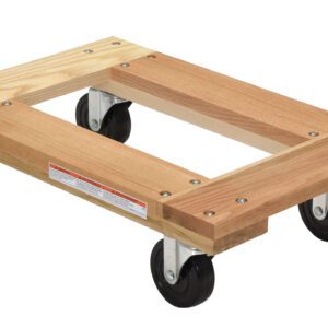 The Vestil Hardwood Dolly Open Deck 1.2K Lb 16 X 24 has a rectangular wooden frame, four swiveling black caster wheels, and metal corner brackets, perfect for moving items up to 1.2K pounds with ease.