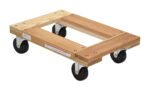 The Vestil Hardwood Dolly Open Deck 1.2K Lb 16 X 24 features a natural wood finish with four black wheels on metal brackets, measures 16 x 24 inches, and handles up to 1,200 lbs.