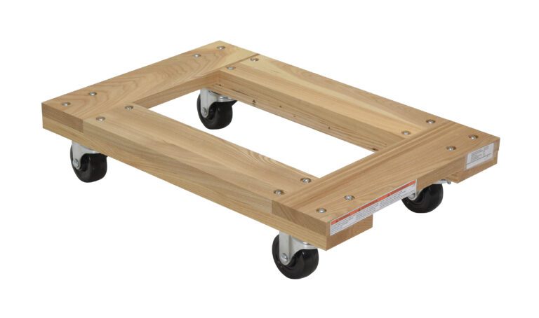 The Vestil Hardwood Dolly Open Deck 0.9K Lb 16 x 24 features an open deck design, supports up to 900 lbs, and includes four black swivel casters for easy mobility. Reinforced with metal brackets and screws at the corners, it sits elegantly against a plain white background.