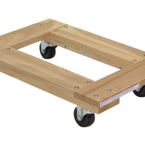 The Vestil Hardwood Dolly Open Deck 0.9K Lb 16 x 24 features an open deck design, supports up to 900 lbs, and includes four black swivel casters for easy mobility. Reinforced with metal brackets and screws at the corners, it sits elegantly against a plain white background.