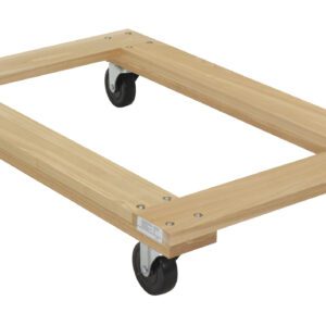 The Vestil Hardwood Dolly Open Deck 1.2K Lb 24 X 36, made of light-colored wood, has a rectangular frame (24 x 36 inches) and four black swivel wheels, enabling smooth movement of heavy items with its robust capacity.
