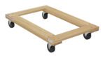 The Vestil Hardwood Dolly Open Deck 1.2K Lb 24 x 36 offers a robust solution with four black swivel caster wheels and metal-reinforced corners. Its light finish highlights the wood grain, making it perfect for effortlessly moving heavy objects.